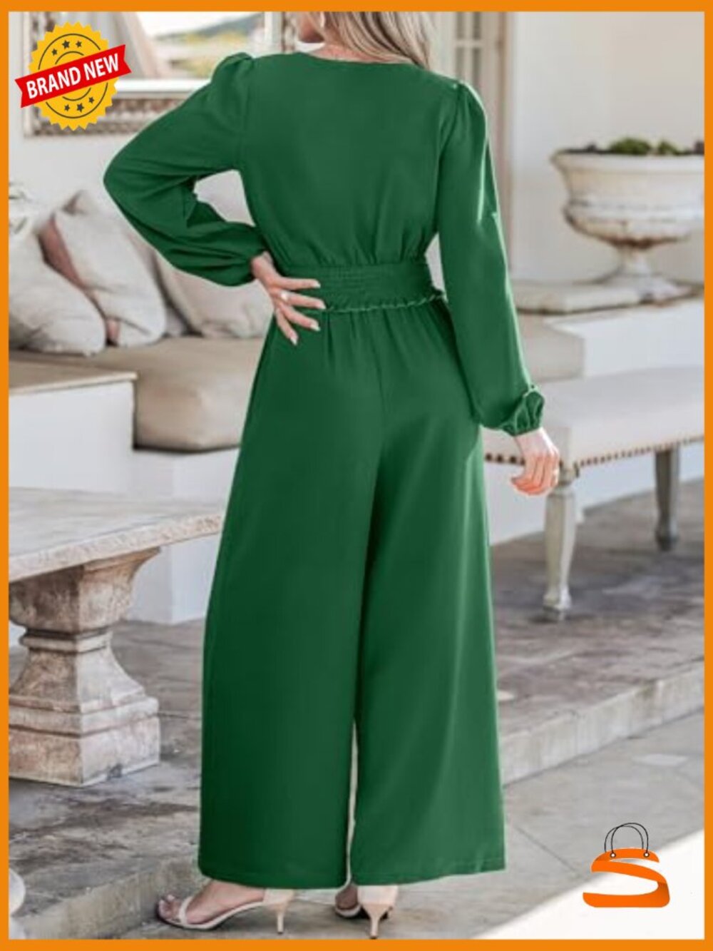 Long Sleeve Jumpsuit Dressy Smocked Waist V Neck Wide Leg Flowy One Piece - Picture 2 of 7